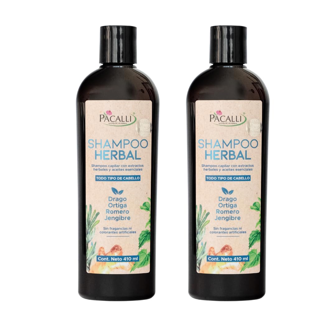Shampoo Herbal PACALLI 2 Pack Con Jengibre, Romero, Sangre de Drago y Ortiga Ingredientes de origen natural