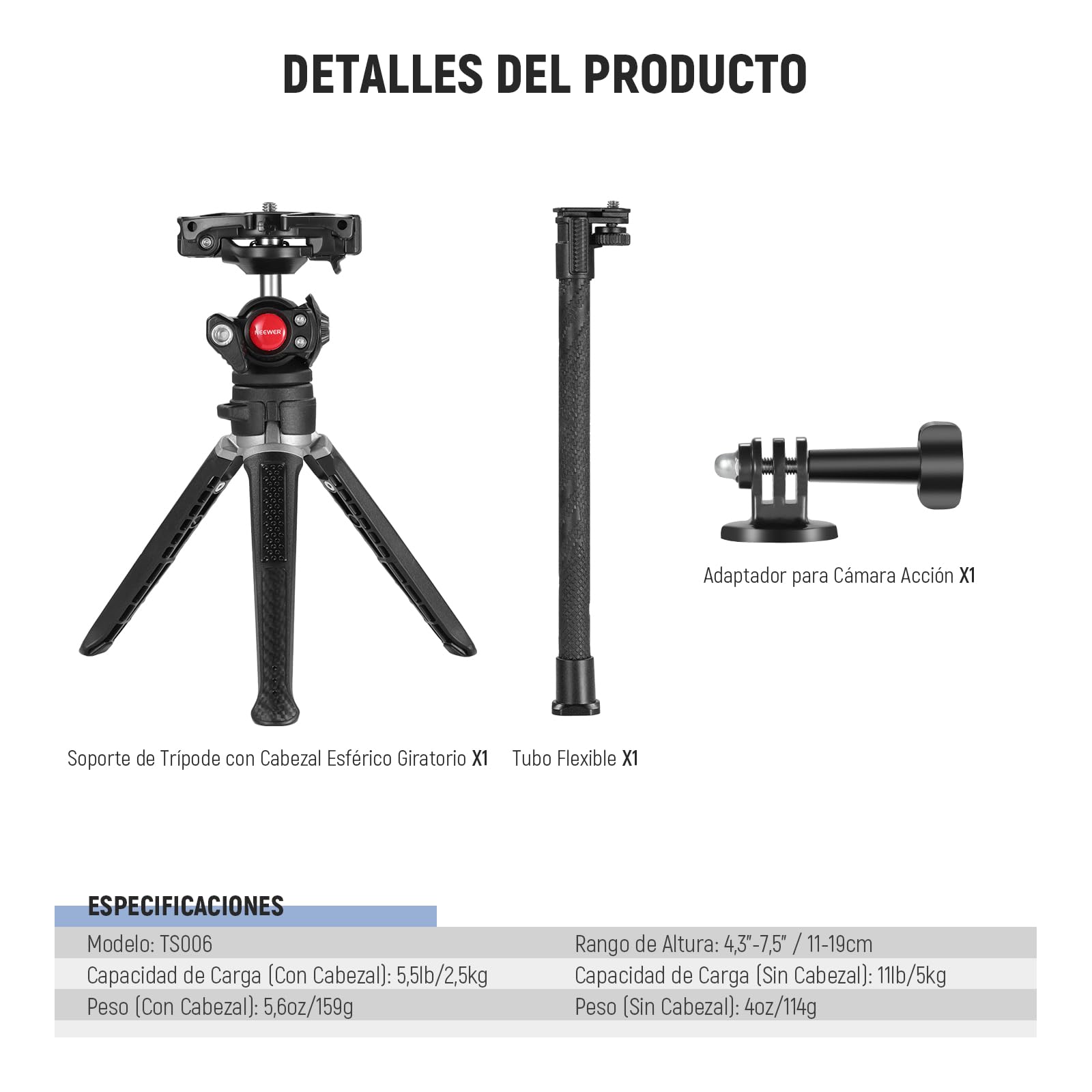 Trípode Cámara Neewer Negro Soporte 2 en 1 para Vlogging y Grabación