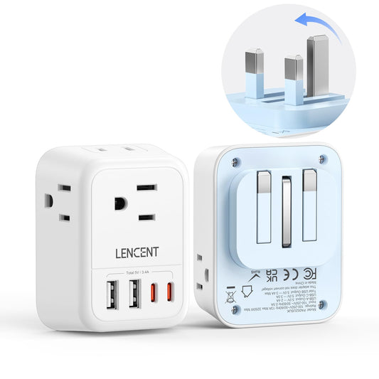 LENCENT Adaptador de Viaje Enchufe UK, Cargador con 4 Salidas CA y 4 Puertos USB (2 USB-C), Convertidor de Enchufe Americano a Inglés Tipo G con Toma de Tierra, para Reino Unido, Irlanda, Hong Kong