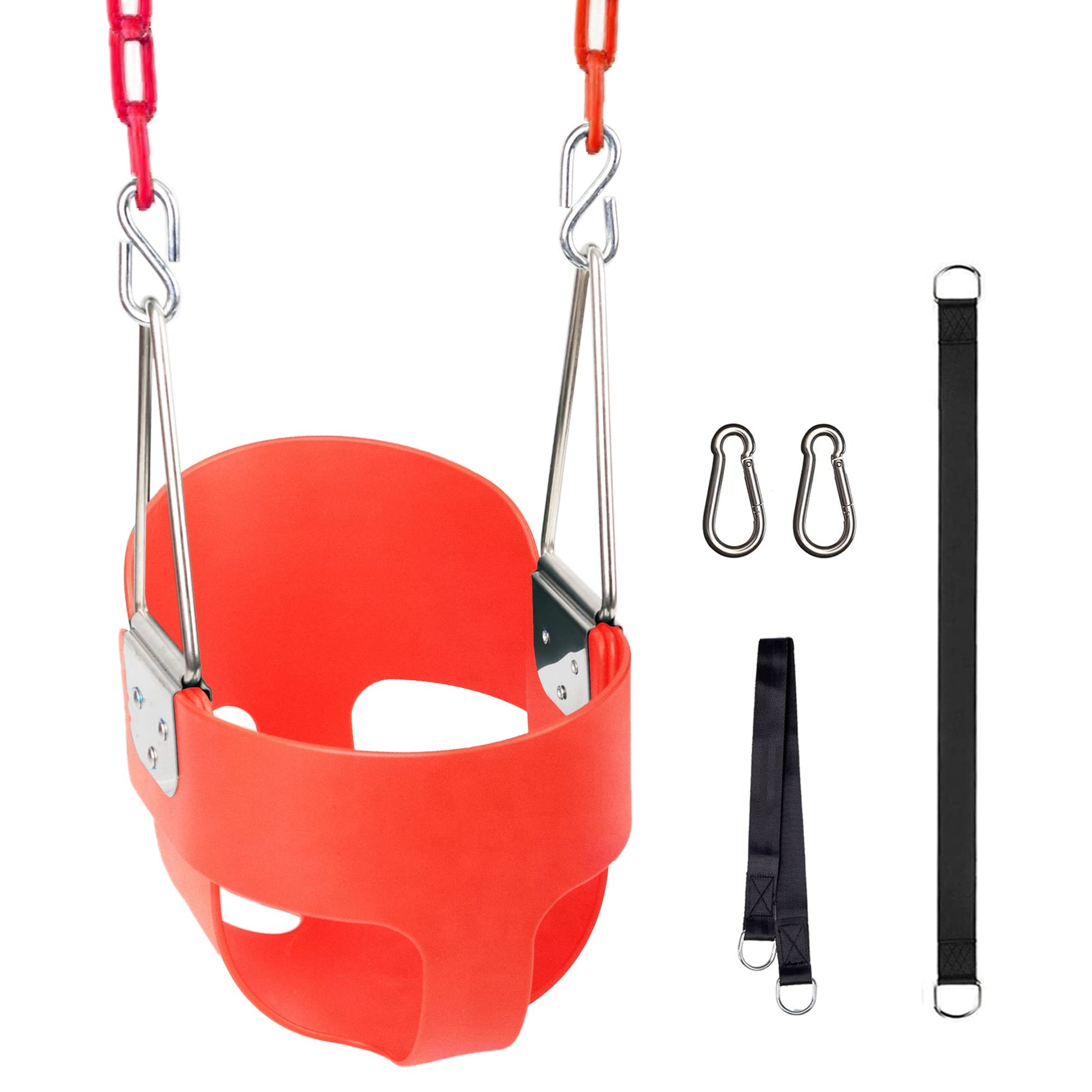 KINSPORY Asiento de Columpio, 150cm Columpio para bebé con Cadenas de Hierro Resistentes recubiertas, Juego de Columpio al Aire Libre con Respaldo Alto y Correas para árboles - Rojo