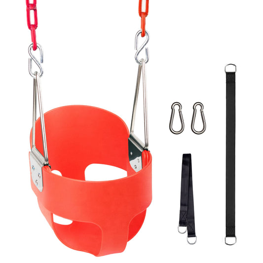 KINSPORY Asiento de Columpio, 150cm Columpio para bebé con Cadenas de Hierro Resistentes recubiertas, Juego de Columpio al Aire Libre con Respaldo Alto y Correas para árboles - Rojo