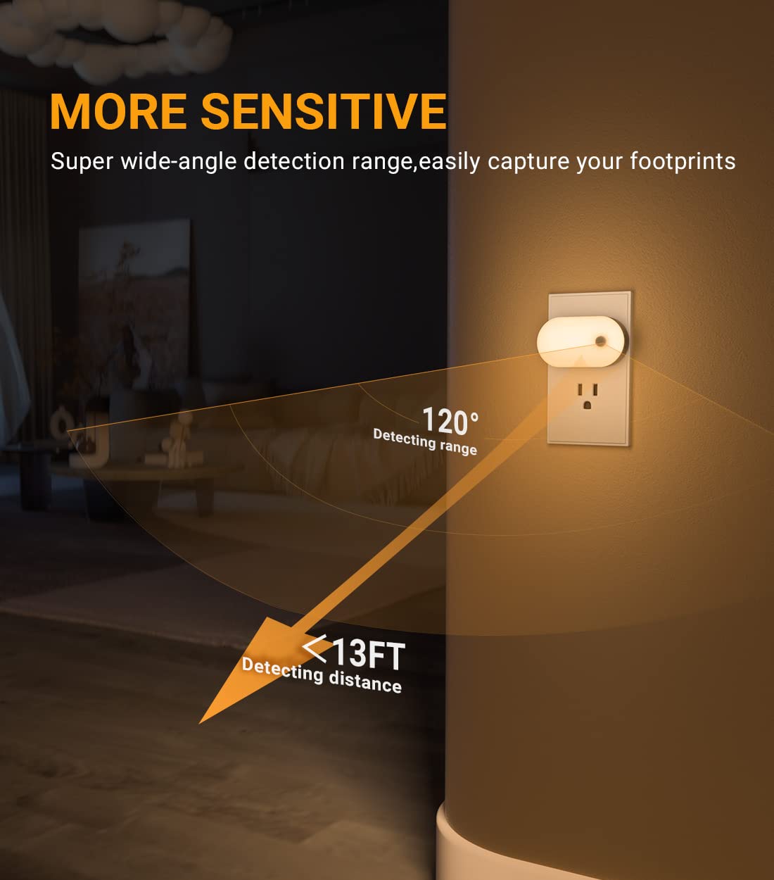 LYRIDZ - Luz nocturna con sensor de movimiento, luz nocturna inteligente de 1 a 120 lm, luz blanca cálida ledes con brillo ajustable continuo para dormitorio, cocina, escaleras, pasillo, paquete de 2