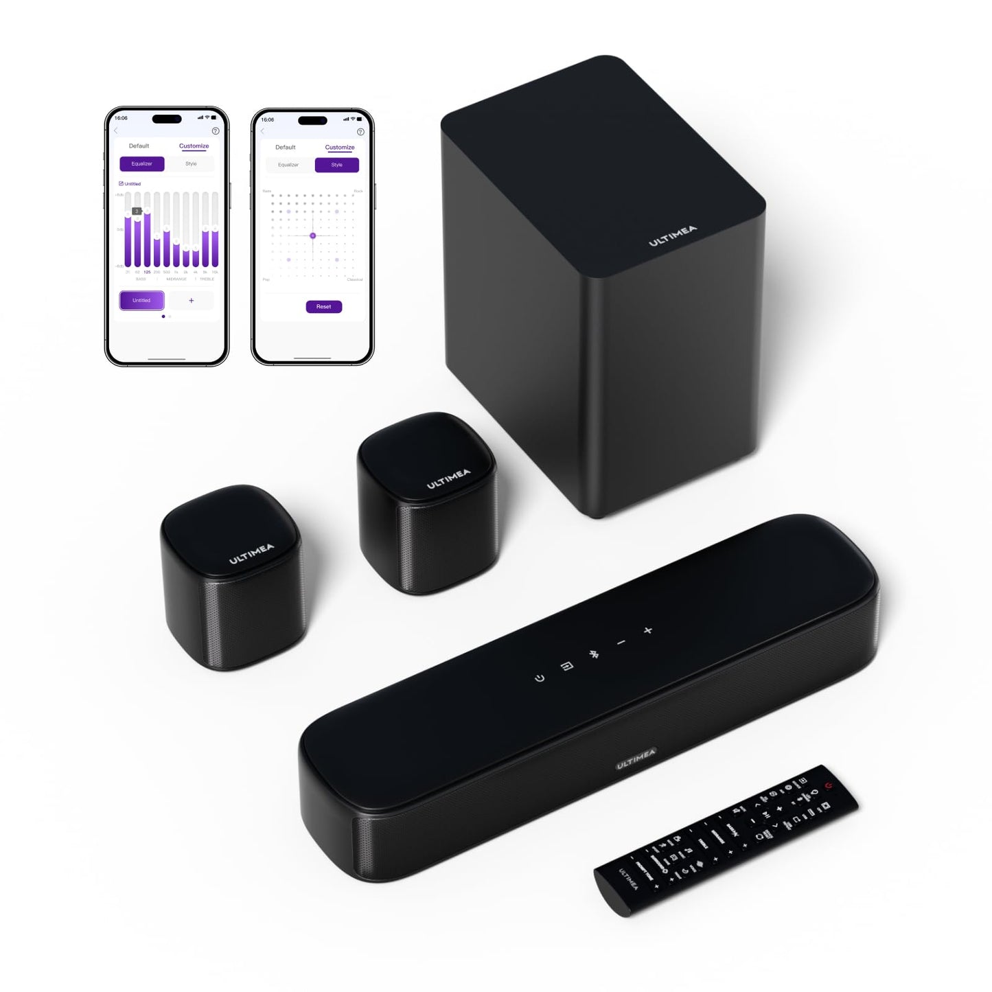 ULTIMEA 5.1ch Barra de Sonido con 2 Altavoces Envolventes, Sistema de Audio Envolvente Virtual para TV con Subwoofer con Cable, Barra de Sonido para TV con Control de App, Aura A30