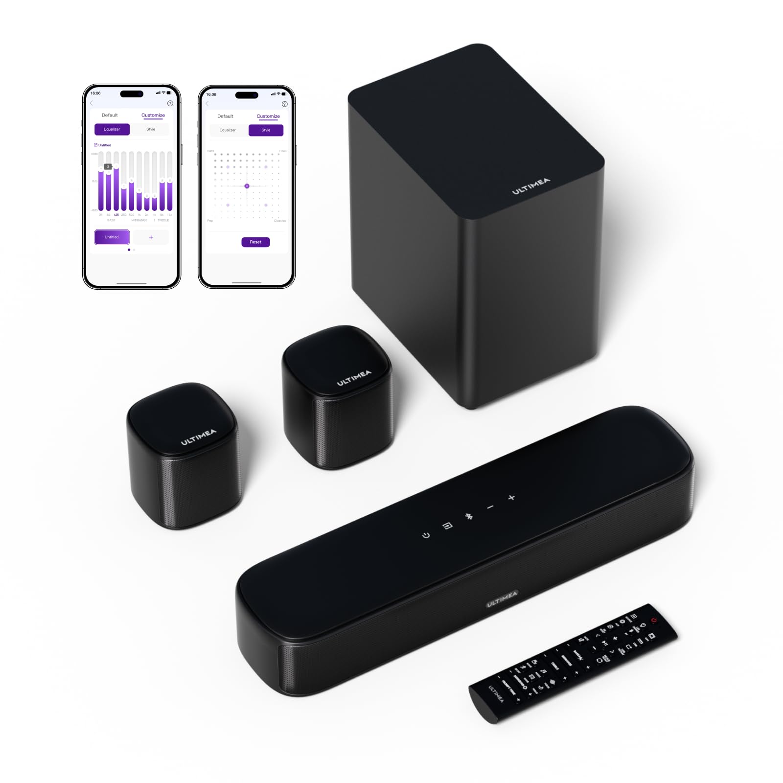 ULTIMEA 5.1ch Barra de Sonido con 2 Altavoces Envolventes, Sistema de Audio Envolvente Virtual para TV con Subwoofer con Cable, Barra de Sonido para TV con Control de App, Aura A30