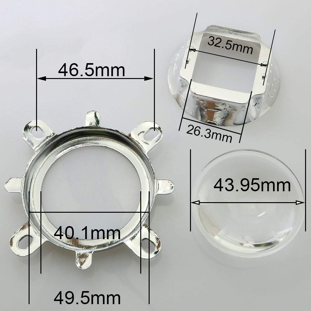 MEETOOT 1 juego de lentes de 120 grados de 44 mm + carcasa de base reflectora de 50 mm + soporte fijo para lámpara LED de 20 W-100 W, kit de copa reflectora LED