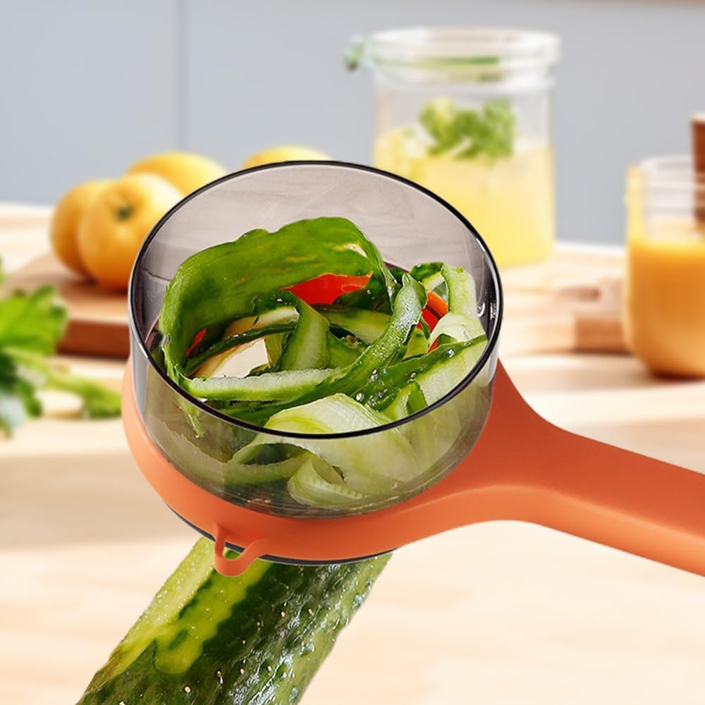 Liahelianx Pelador de Frutas y Verduras Reversible con Caja - Acero Inoxidable, Multifuncional, Trampa de Residuos, Utensilio de Cocina para Pelar con Hoja Giratoria (Naranja)