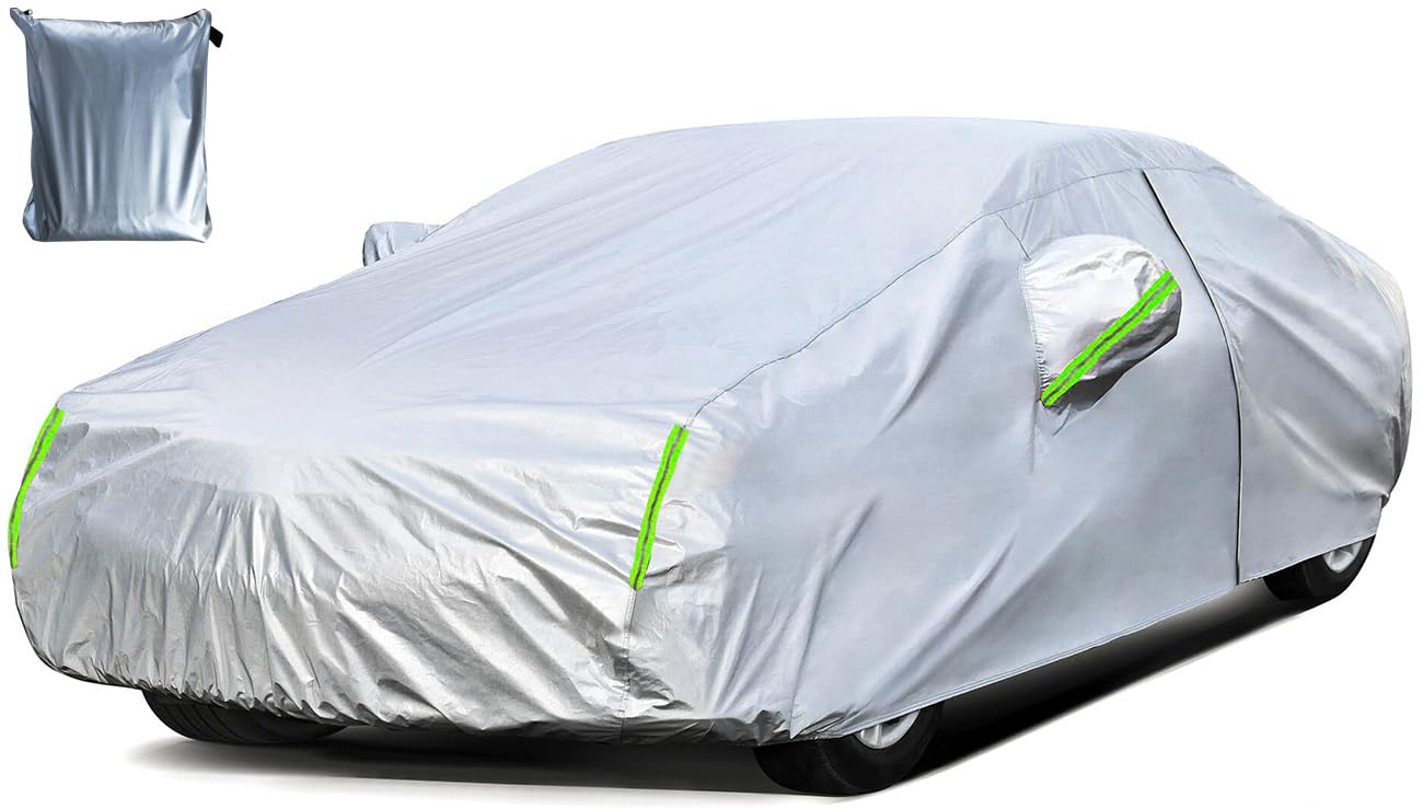 Funda de coche de 185 x 71 x 48 pulgadas resistente al sol y a la lluvia cuatro estaciones funda de coche universal reflectante del calor y del polvo para la mayoría de los coches de tamaño medio 4,7m