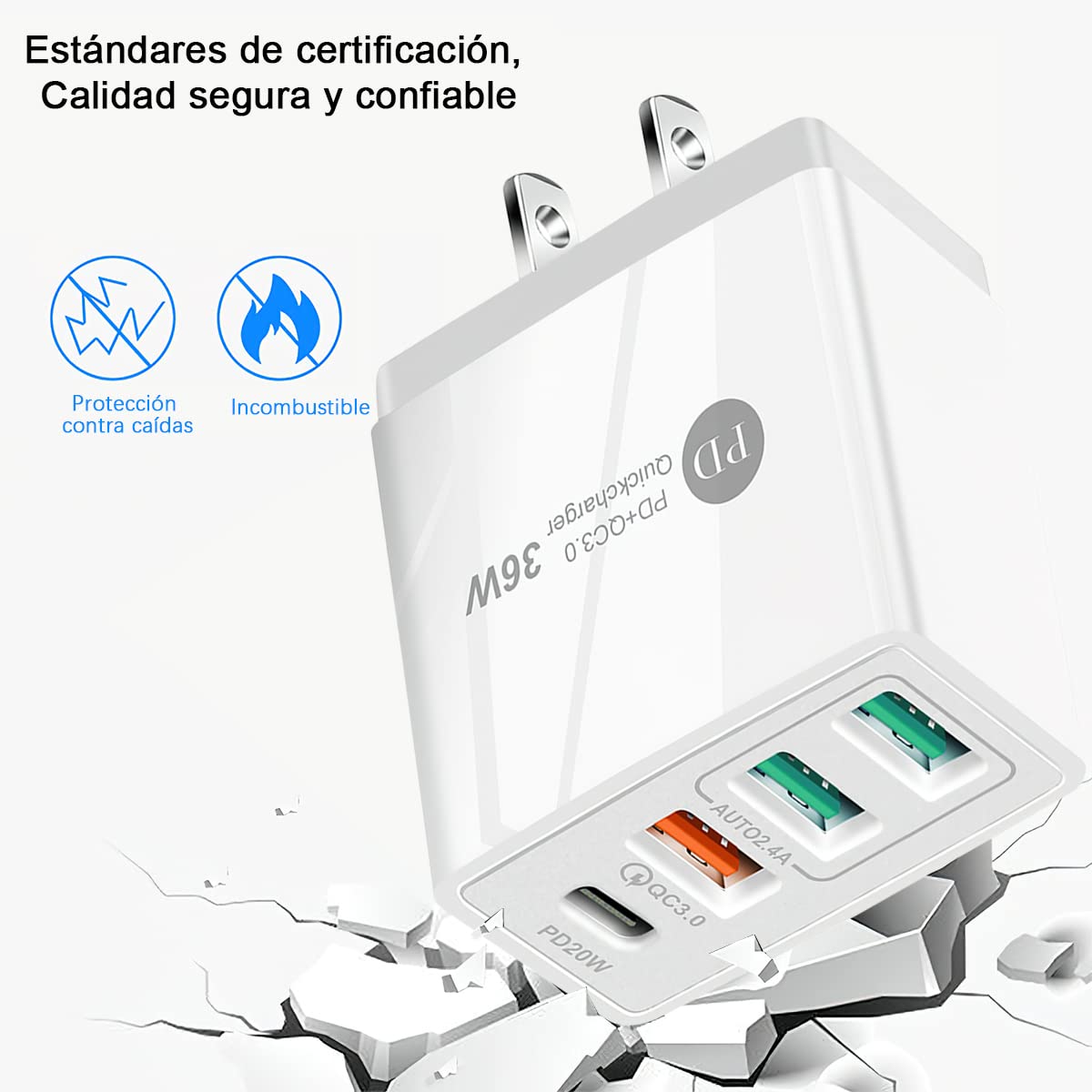 HONGHCL Cargador de Carga Rápida 36W 4 en 1, Cargador USB C y 3 USB A 3.0, Cargador Portátil con 4 Puerto Cargadores, Cargador Rapido Viaje con QC 3.0, PD20W, Compatible para Celular, Laptop y más