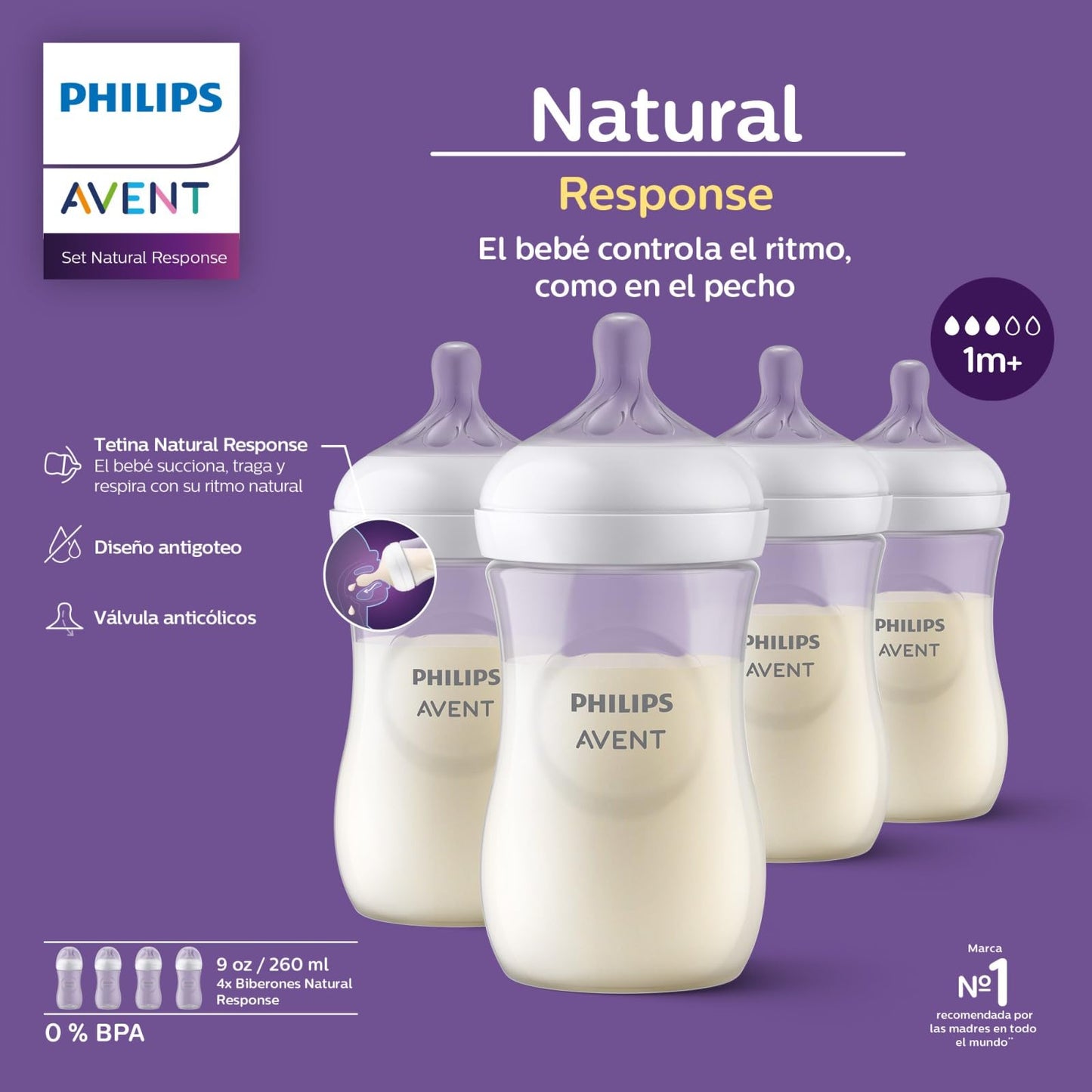 Biberones Avent Philips Natural Response Azul, 4 Biberones 9 oz/260 ml
