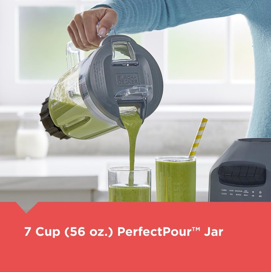 Black & Decker Ice Crush Blender con tarro de plástico PerfectPour de 60 onzas (7 tazas), potente hoja de acero inoxidable de 6 puntas, 8 velocidades más pulso, 750 vatios pico de potencia