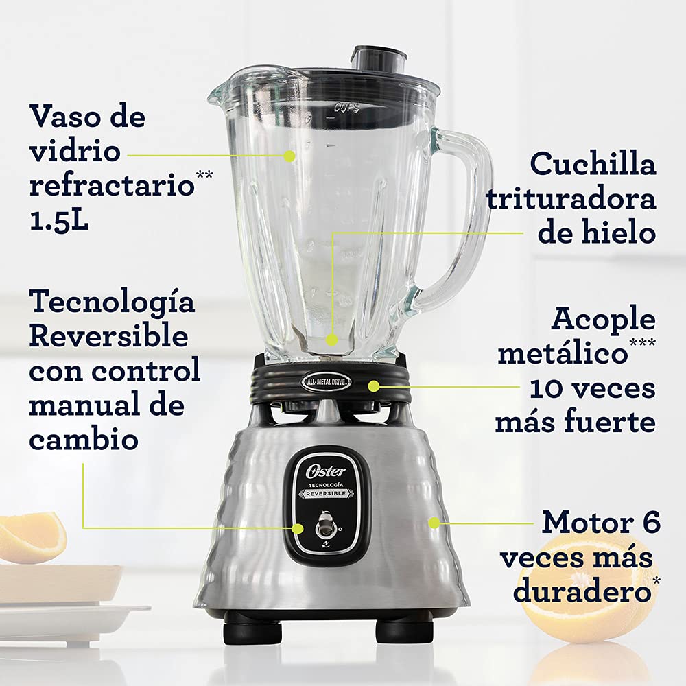 Licuadora Oster Cromada Reversible con Vaso de Vidrio