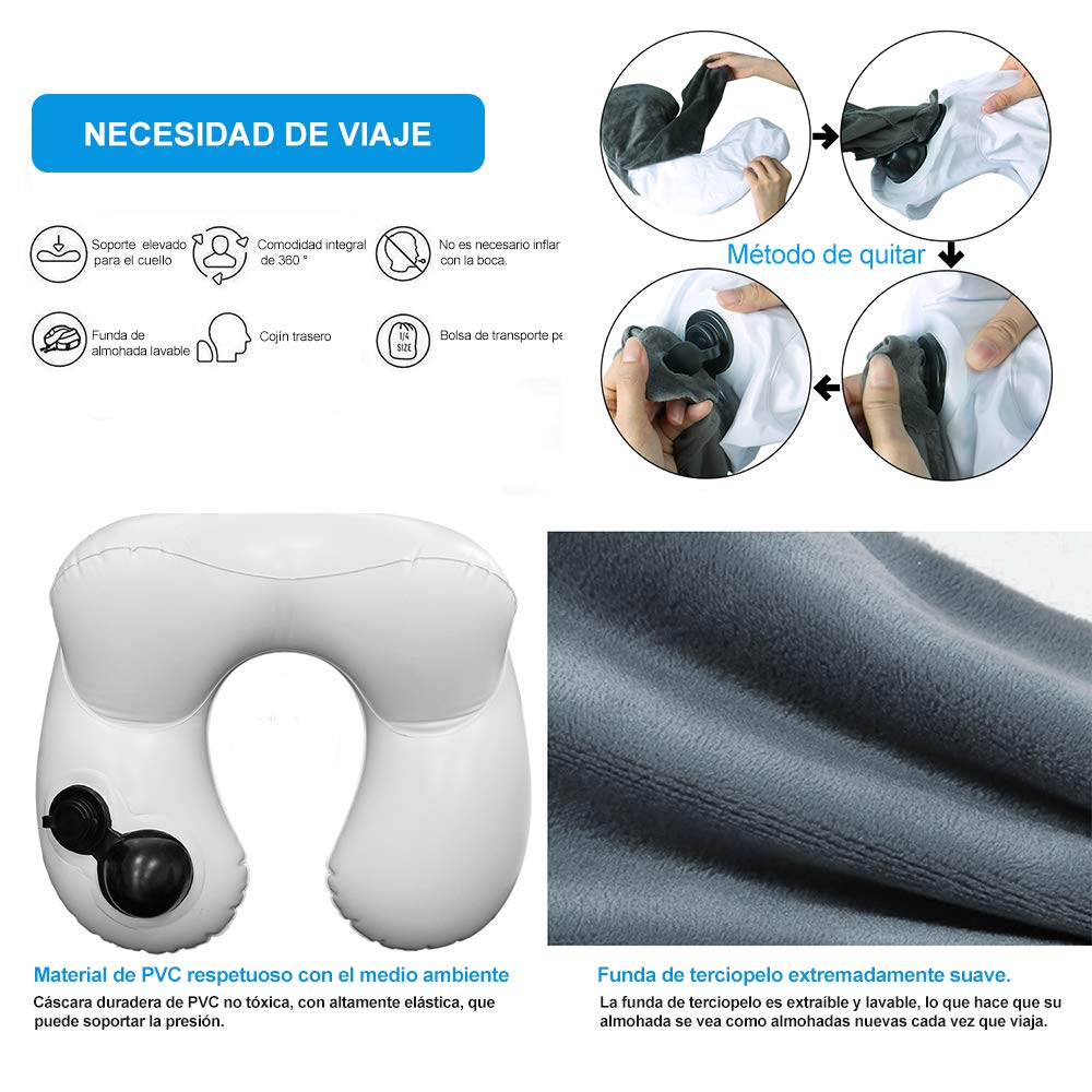 Jasonwell Almohada de Viaje Inflable Relajante Cuello Apoyo Travel Neck Pillow Inflatable para Avion vuelos de Larga Distancia Tren Coche Oficina con Bolsa de Transporte y Antifaz para Dormir