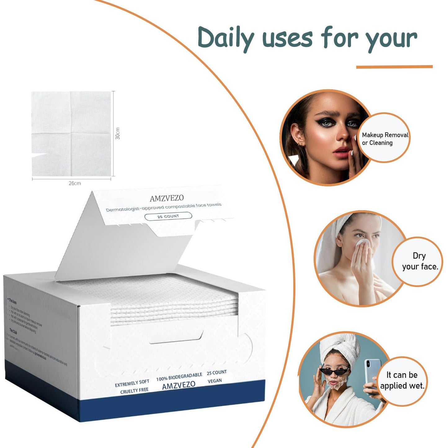 Toallas faciales desechables biodegradables suaves para piel sensible, paños sin pelusa para lavado facial, cuidado de la piel y eliminación de maquillaje, toallas húmedas y secas, 50 hojas (1)