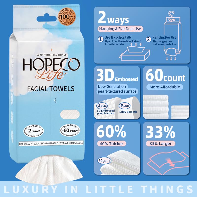 Hopeco Life Toalla facial desechable, paquete suave, 60 unidades, XL, doble uso (colgada y plana), toallitas secas, paños faciales sin pelusa, desmaquillante, toallitas limpiadoras suaves,