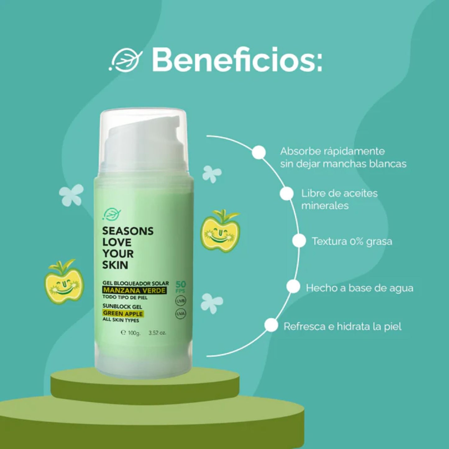 Seasons Love Your Skin Bloqueador Solar en Gel Fps50, Manzana, 100 ml