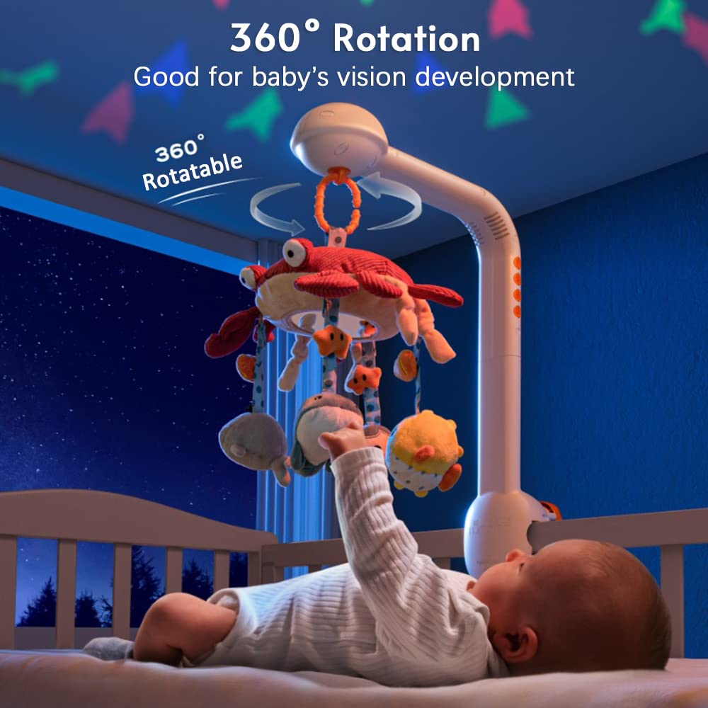 Juguete Móvil Musical XCPHGFM Cangrejo Multifuncional Giratorio 360° con Proyector Estrellado y Sonajeros Colgantes para Bebés Recién Nacidos