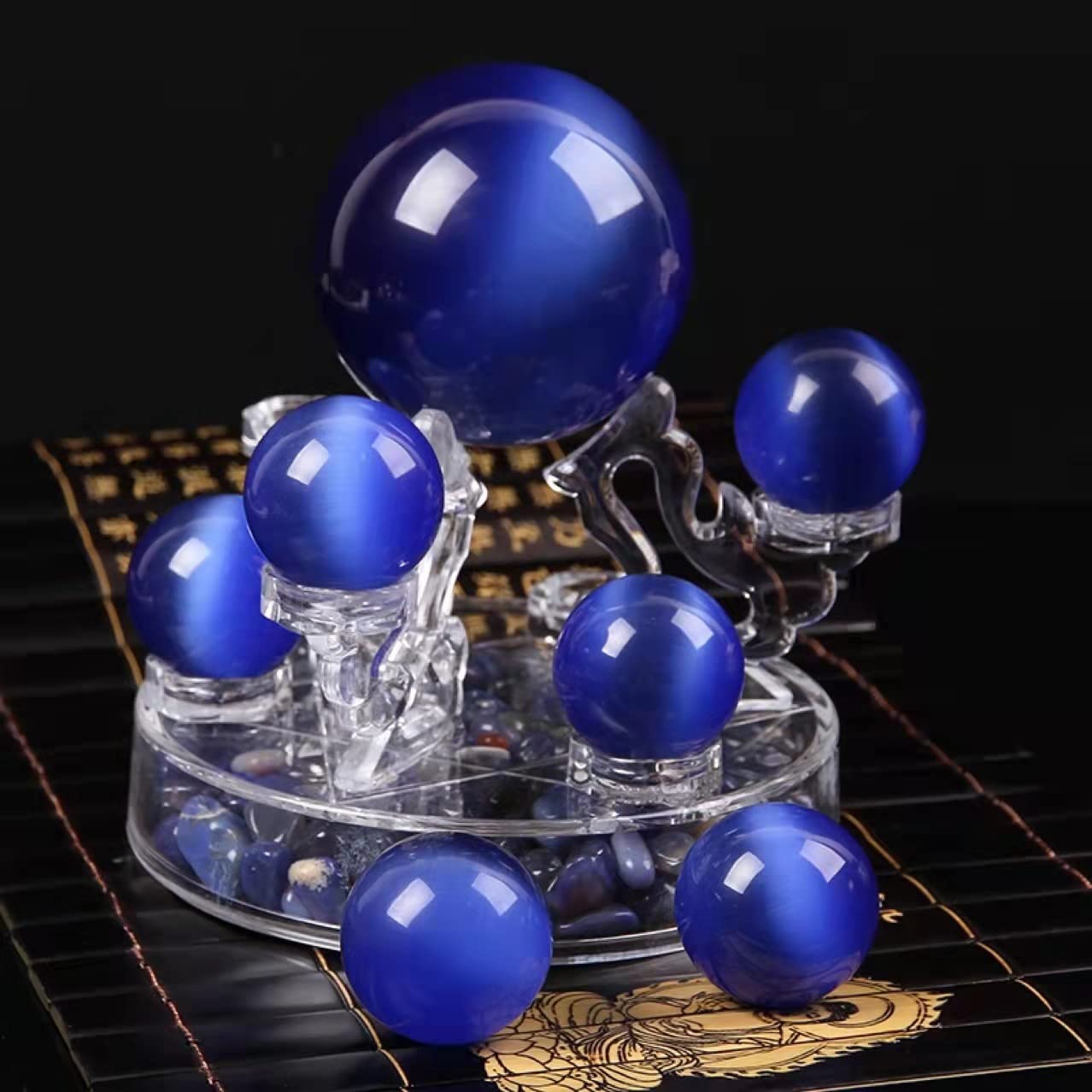 Bolas artificiales de vidrio de ojo de tigre de gato azul real de 1.5 pulgadas, bolas de salud chinas de cuarzo curativo para terapia de manos, alivio del estrés y ejercicio de dedo y muñeca con bolsa de transporte (embalada en caja) M42