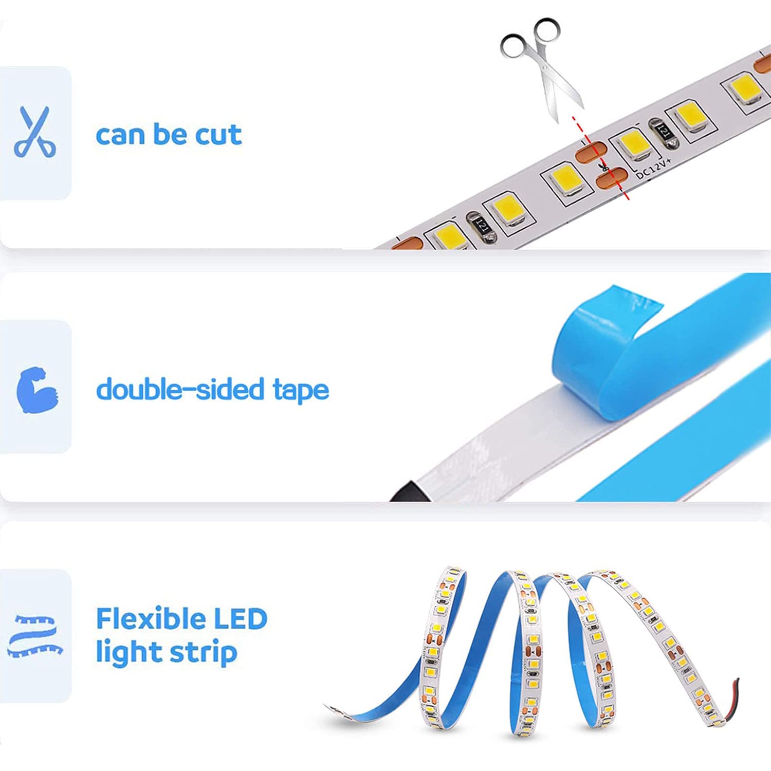 KXZM Tira LED 5M 12V Blanco Frio 6000K Flexible Alta Densidad 600LEDs SMD2835 IP20 Not Impermeable Luces de Cinta LED para Armarios Salón Dormitorio Decoración Hogar(Alimentación No Incluida)