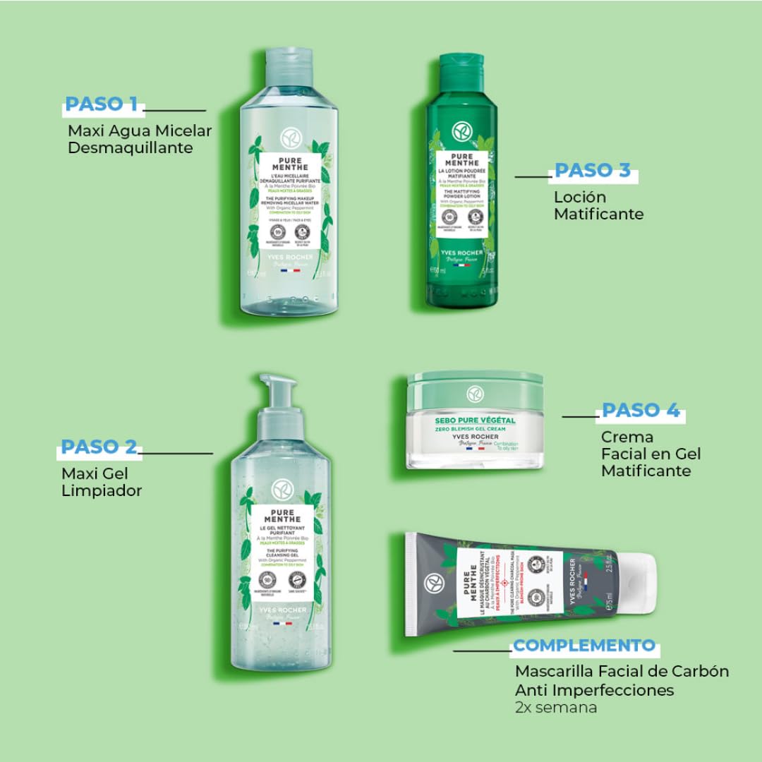 YVES ROCHER MAXI Set Purificante PURE MENTHE: Gel Limpiador Purificante (390 ml) + Agua Micelar Desmaquillante 2 en 1 (400 ml)