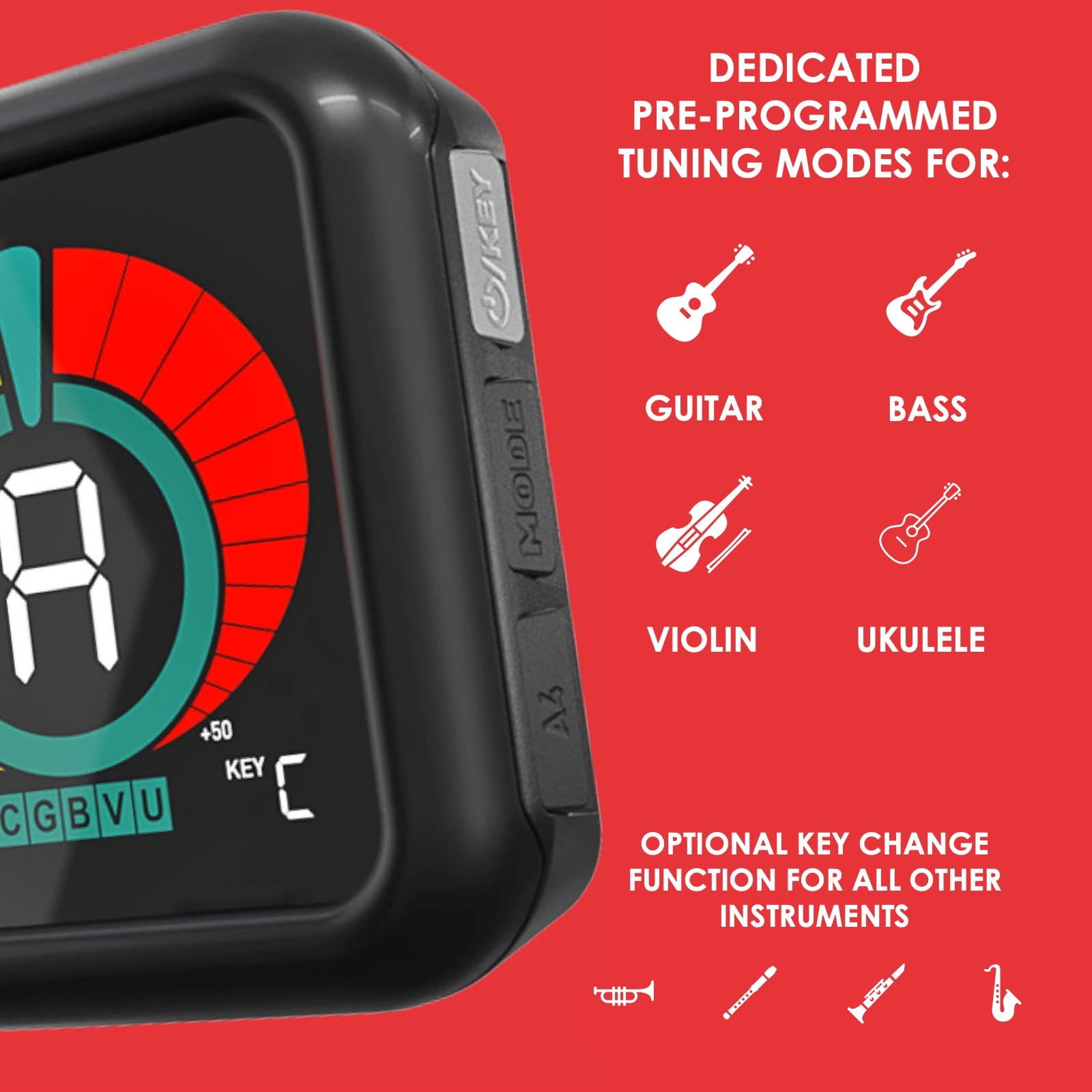KLIQ UberTuner, sintonizador profesional de clip para guitarra, bajo, ukelele, violín, mandolina, banjo y todos los instrumentos, afinación cromática rápida y precisa con modos multi-tecla, blanco