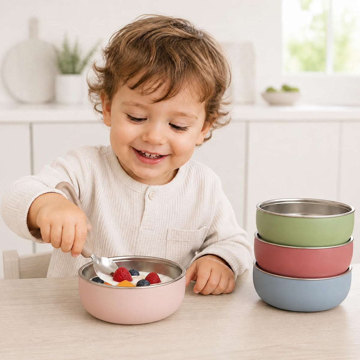 tazón de acero inoxidable no tóxico a prueba de monos, de 5 pulgadas, con carcasa de silicona antideslizante, multicolor, (juego de 4 tazones) irrompible, sin desorden para bebés, niños pequeños, sin