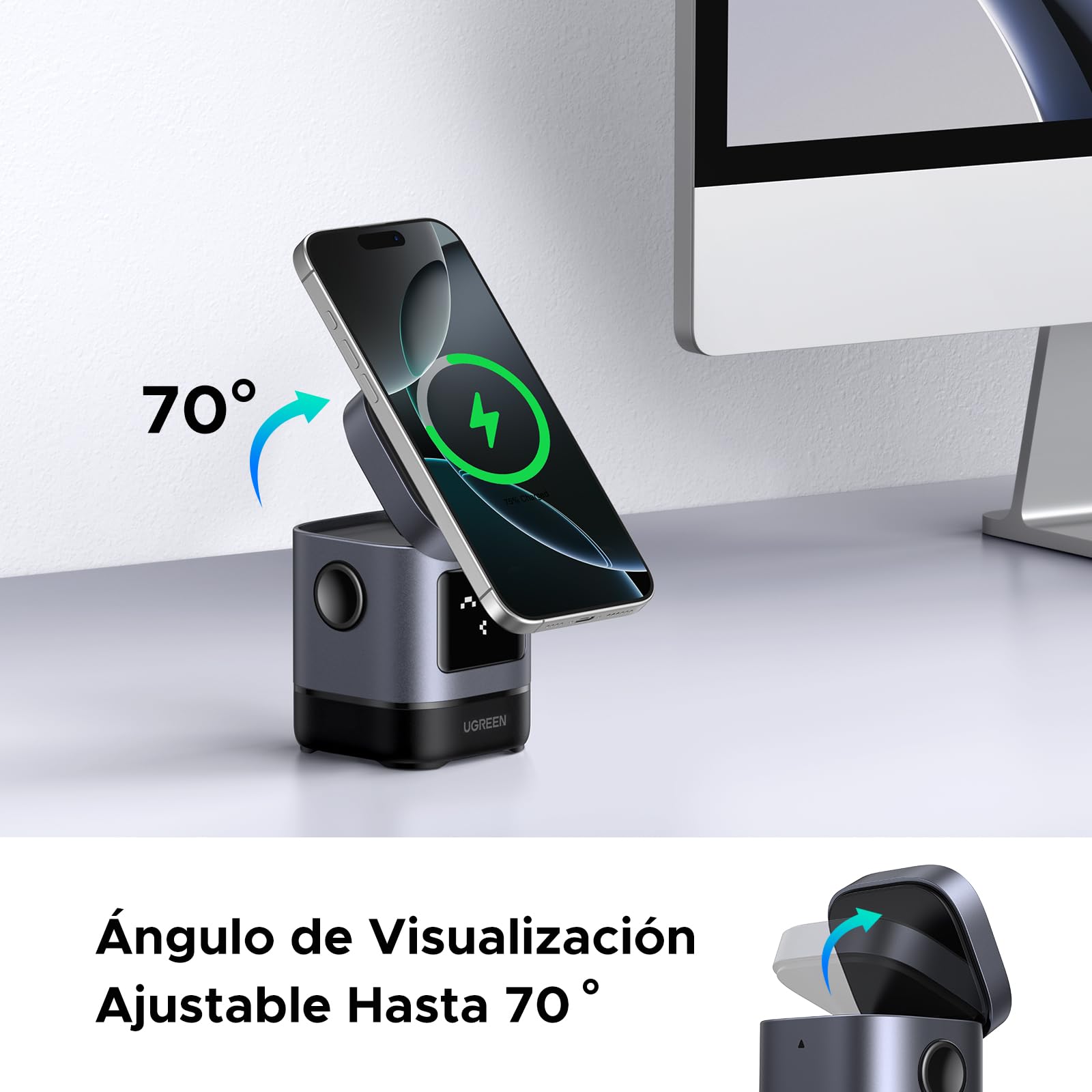 UGREEN UNO Cargador Inalámbrico 2 en 1 15W Qi2 Certificado, Carga Inalámbrica Magnético Compatible con iPhone 16/15/14/13/12, AirPods 2/3, Soporte Cargable Ajustable en Ángulo Con Emoji de Inteligente