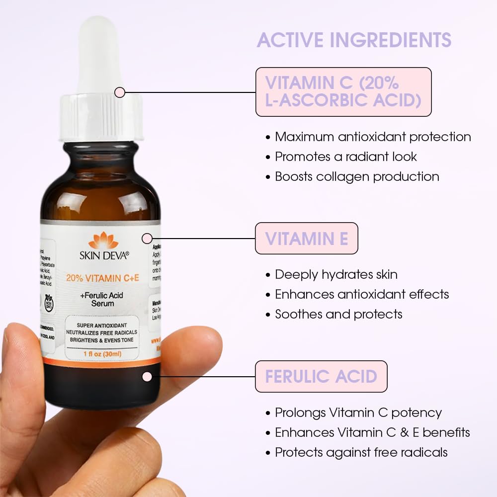 Serum antioxidante con Vitamina C, E y Ácido Ferúlico - ¡20% potente! Aporta luminosidad y combate los signos del envejecimiento. Tratamiento facial de alta calidad para una piel radiante y protegida. ¡Compra ahora!