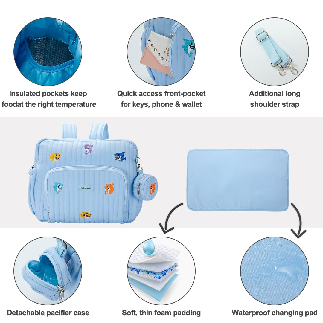 GOBABYMART - Mochila para pañales con cambiador, bolsa de viaje para bebé, bolsillos aislados para botellas, correas para carriola (mediano - tiburones azules)