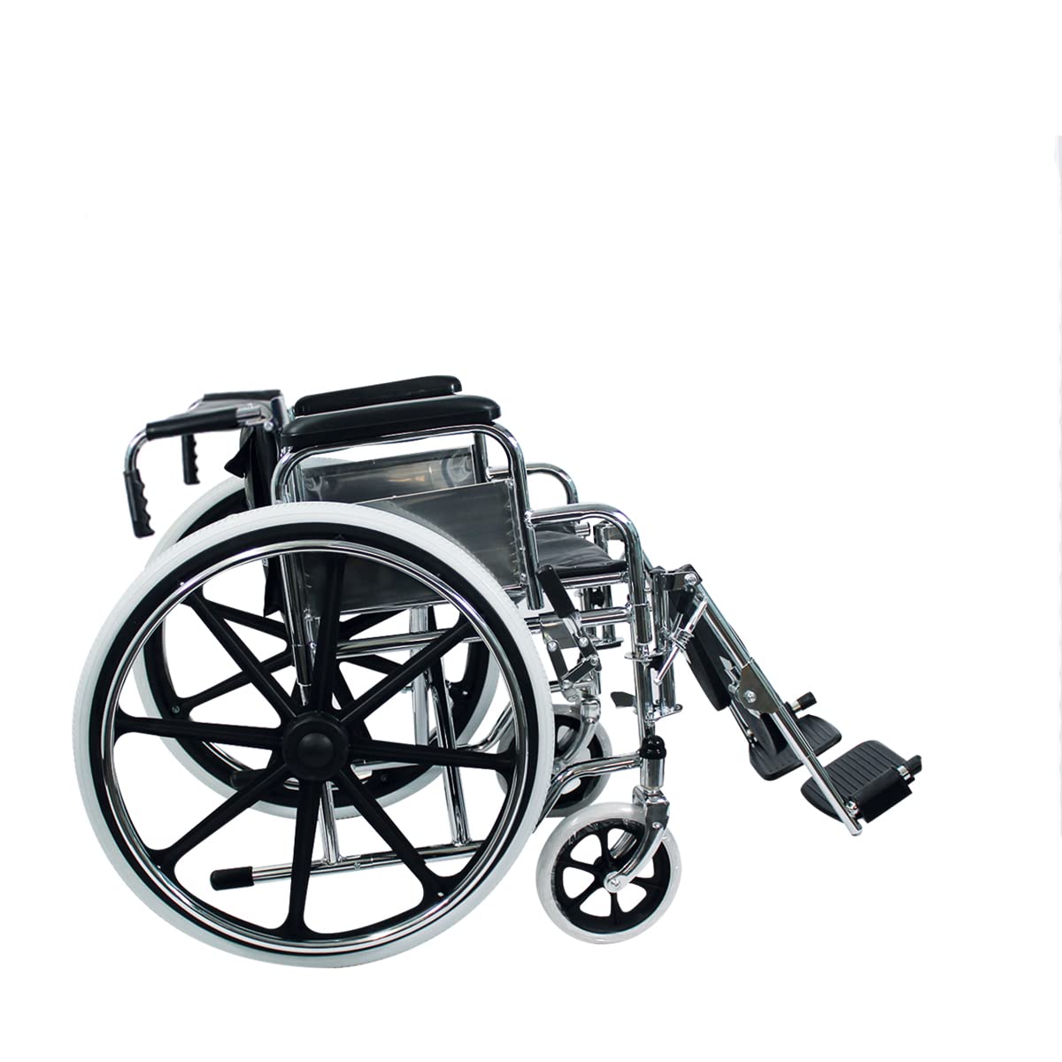 HANDY BY HERGOM Silla de Ruedas Suprema Cromada con Eleva Piernas S400 / Codera blanda / Respaldo abatible / Descansa brazos desmontable tipo escritorio / Frenos reforzados / Doble cruceta antivuelco/ Estructura plegable/ Medidas 89x95 cm