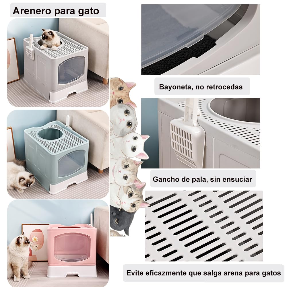 Arenero/Inodoro para Gato con Pala de Plegable, Caja de Arena para Gatos Removibles 51*44*41cm con Puerta Superior&Puerta Lateral Móvil de dos Direcciones, Antiolor y a Prueba de Salpicaduras (Gris)