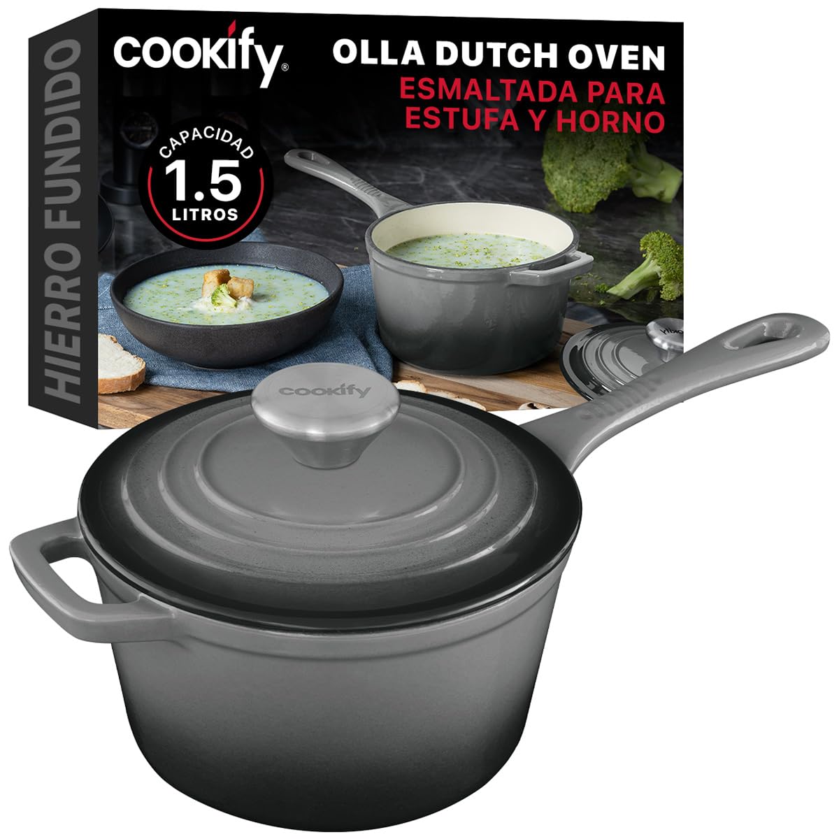 Cookify Olla de Hierro Fundido Esmaltado para Horno y Estufa, Capacidad 1.5 Litros (Gris, 17 cm)