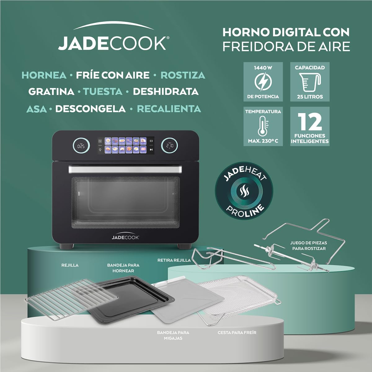 JADECOOK Horno Digital con Freidora de Aire 25L, 6 accesorios y 12 Modos Inteligentes, Parrilla, Hornear, Tostar, Rostizar, Gratinar, Deshidratar, Recalentar, Descongelar, Asar, Galletas, Pescado