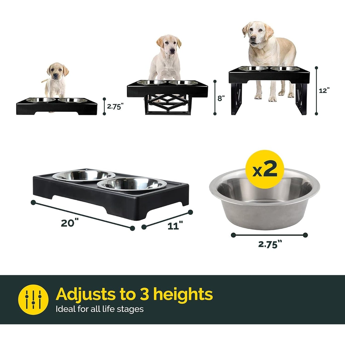 Cuencos Elevados Ajustables Pet Zone Acero Inoxidable para Perros Grandes, Medianos y Pequeños
