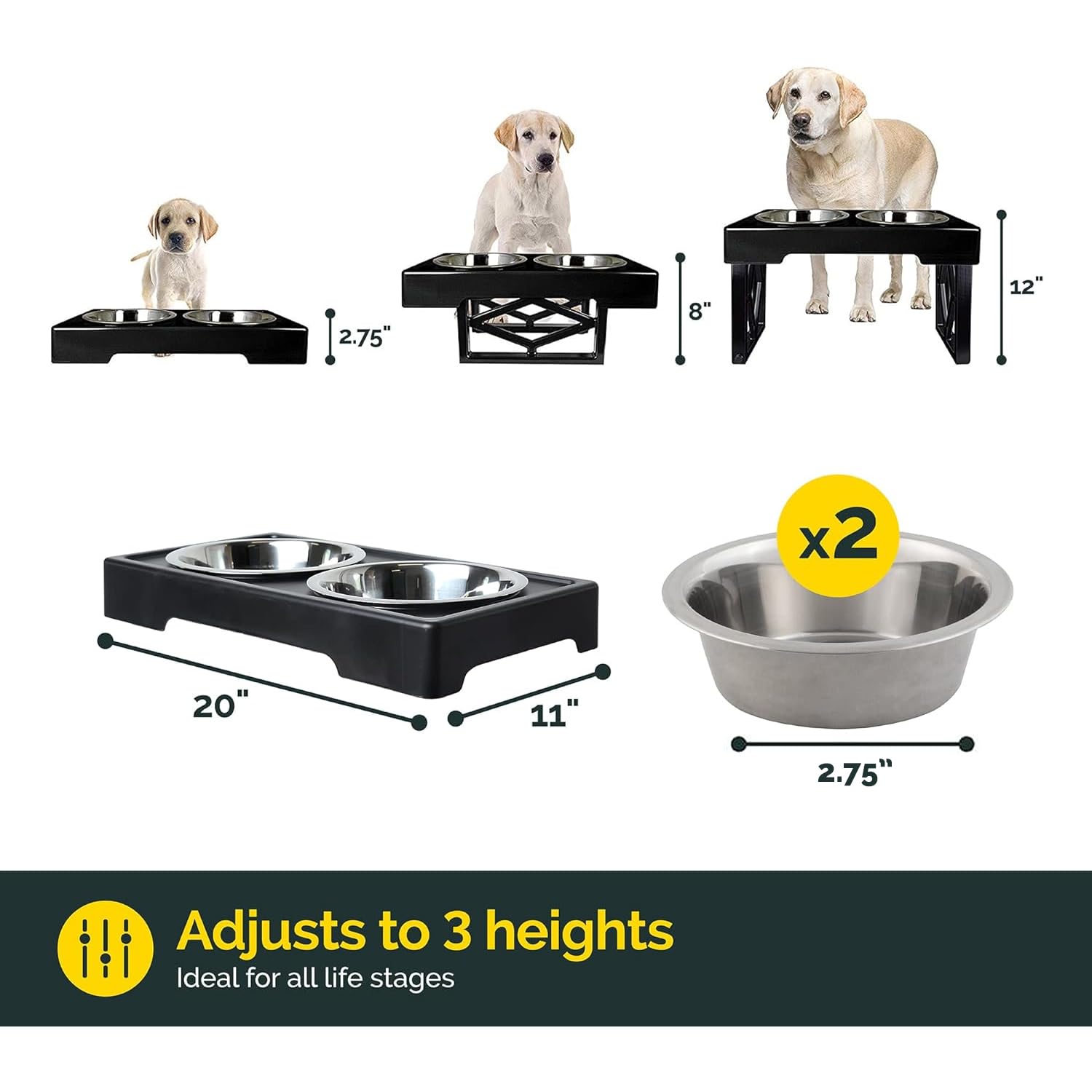 Cuencos Elevados Ajustables Pet Zone Acero Inoxidable para Perros Grandes, Medianos y Pequeños