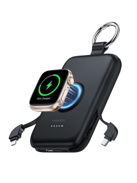 Power Bank RORRY Negro 10000 mAh con Cables Integrados para Celular y Apple Watch