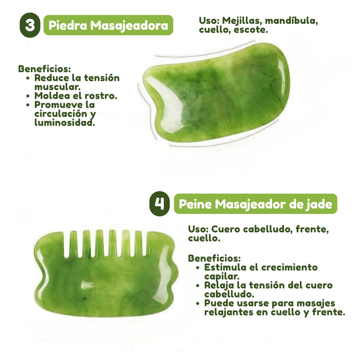 Herramientas de Masaje Gua Sha de Piedra de Jade Verde para Terapia Facial y Corporal