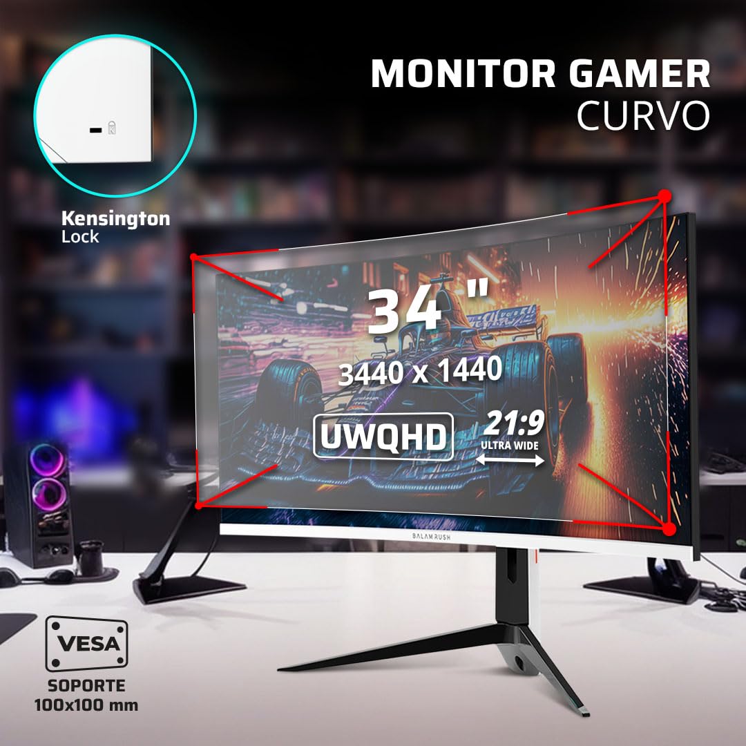 Balam Rush Monitor Gamer Curvo 34" VA/Extreme Earth Pro MGP34C / 4K WQHD R1500 / 165 Hz / 1 ms/Pip PBP/Altura Ajustable / 2xHDMI 2.1 / 2xDP / Blanco