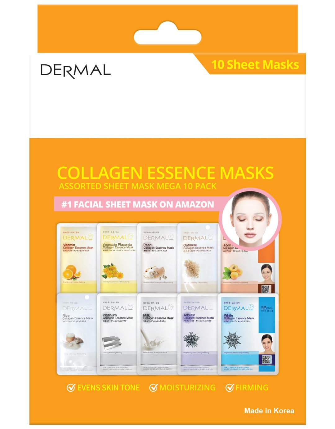 DERMAL 10 Mascarillas Faciales Brighten con Colágeno para Piel Sensible