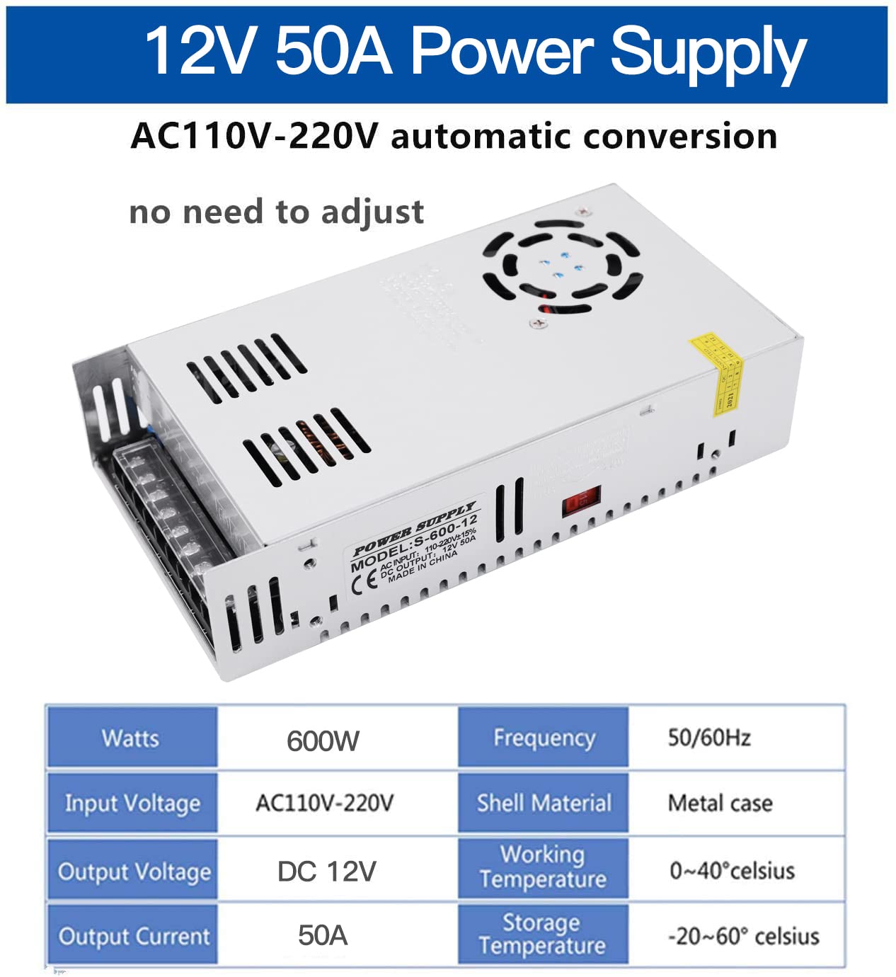 GESD Adaptador DC 12V 50A 600W TRANSFORMADOR Interruptor fuente de alimentación CA 110V/220V CC 12V 20A LED driver para tira de luz LED CCTV Cámara sistema