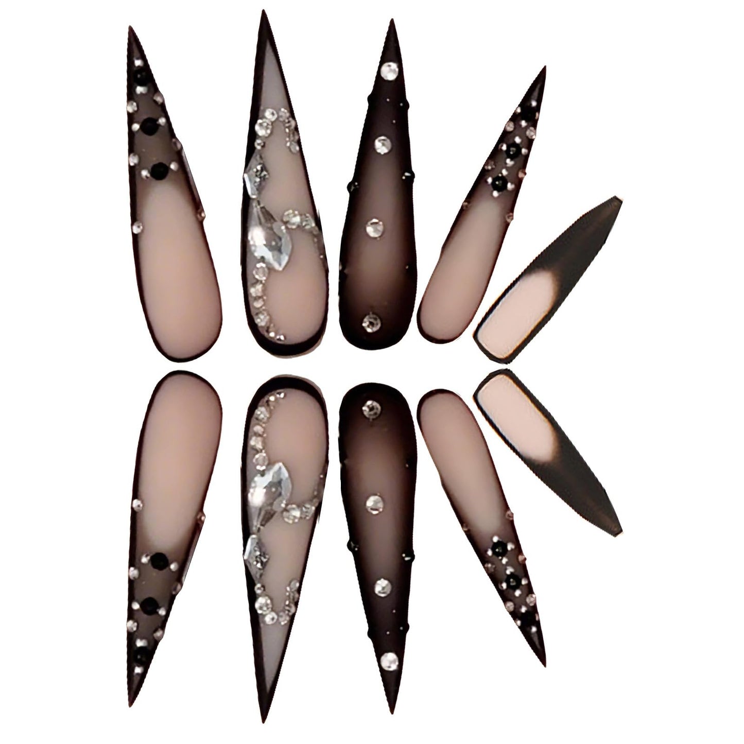 AHDSGJH 24 uñas postizas góticas con punta de aguja larga y diseño de diamantes de imitación negros degradados, de larga duración, cobertura total, pegamento brillante, decoración artística para mujer