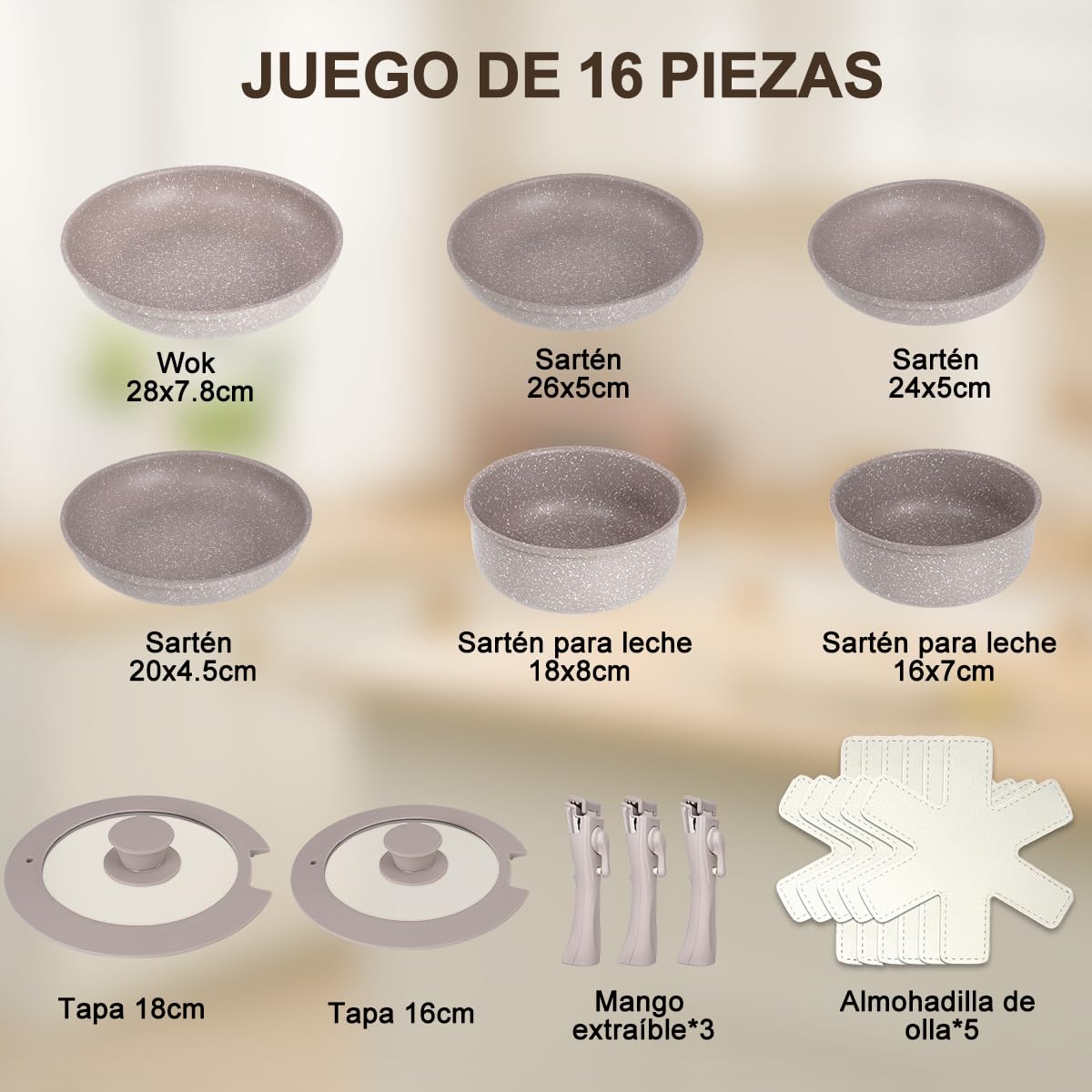 LOKOOY Juego de 16 Ollas y Sartenes con Mango Desmontables, Alta Antiadherente, Bateria de Cocina Con Tapas y Cojín, Sartén para Freír Apto para Lavaplatos, Cocina de Inducción y Horno