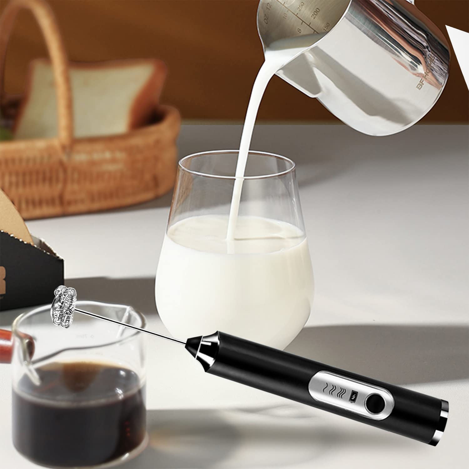 Espumador de Leche Eléctrico Recargable USB Negro con 3 Velocidades y 2 Batidores