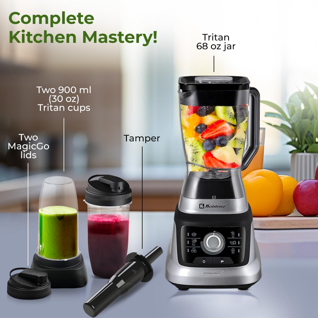Koblenz Licuadora Profesional LKM-9610, Tecnología Reversible, 1400W, 2L Vaso Tritán +2 Vasos Personales 900ml, Perilla de Velocidad Ajustable, 6 Programas Automáticos, Sistema Metálico, Plateado