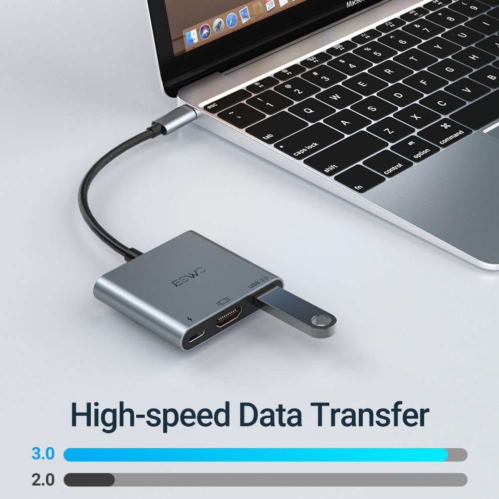 JESWO Adaptador USB C a HDMI, 3 en 1 USB C Hub, Adaptador Tipo C Multipuerto con Puerto de Salida HDMI 4K, Puerto USB 3.0 y PD 87W Carga, Compatible con MacBook/iMac Pro