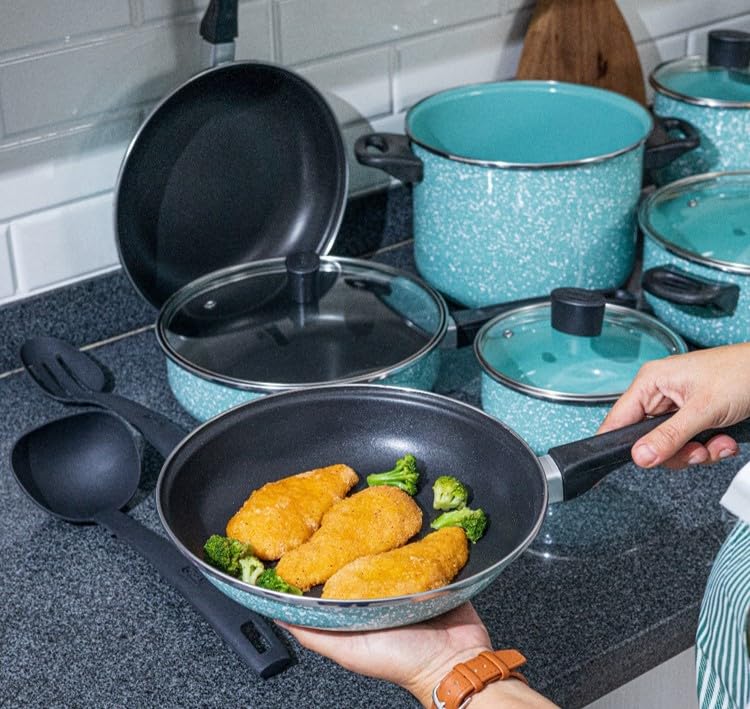 Cinsa Batería de cocina Granito Jade Menta 15 piezas, peltre pesado con antiadherente, tapas de vidrio templado, Jade Menta (15 piezas)