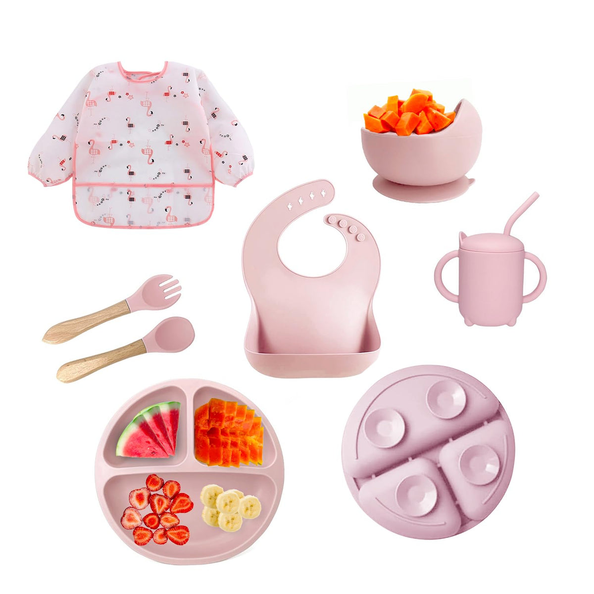 Smart Mommy 2025 - Juego de alimentación de bebé de silicona sin BPA, juego completo de platos y utensilios para bebé: platos, ventosa, utensilios, babero con grabador de alimentos y babero de viaje,