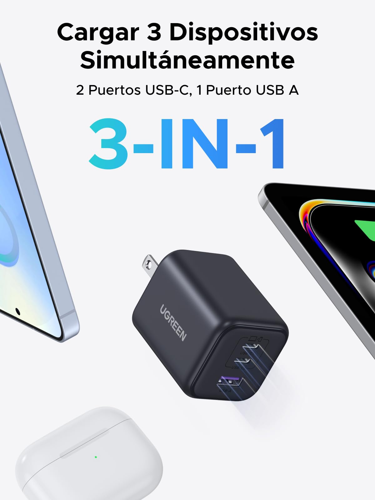 Cargador Portátil UGREEN 45W GAN Negro con Carga Súper Rápida 2.0 para Galaxy y iPhone