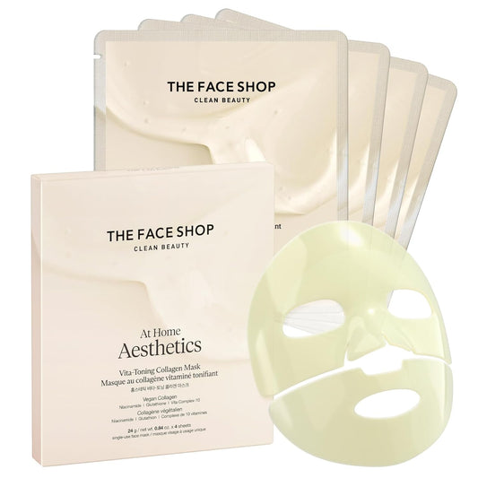 The Face Shop at Home Aesthetic - Mascarilla Facial Coreana de Hidrogel | Set de 4 Piezas Antiedad y Luminosidad | Con Colágeno y Vita Complex 10 Toning | Reafirma, Hidrata y Atenúa Manchas K-Beauty