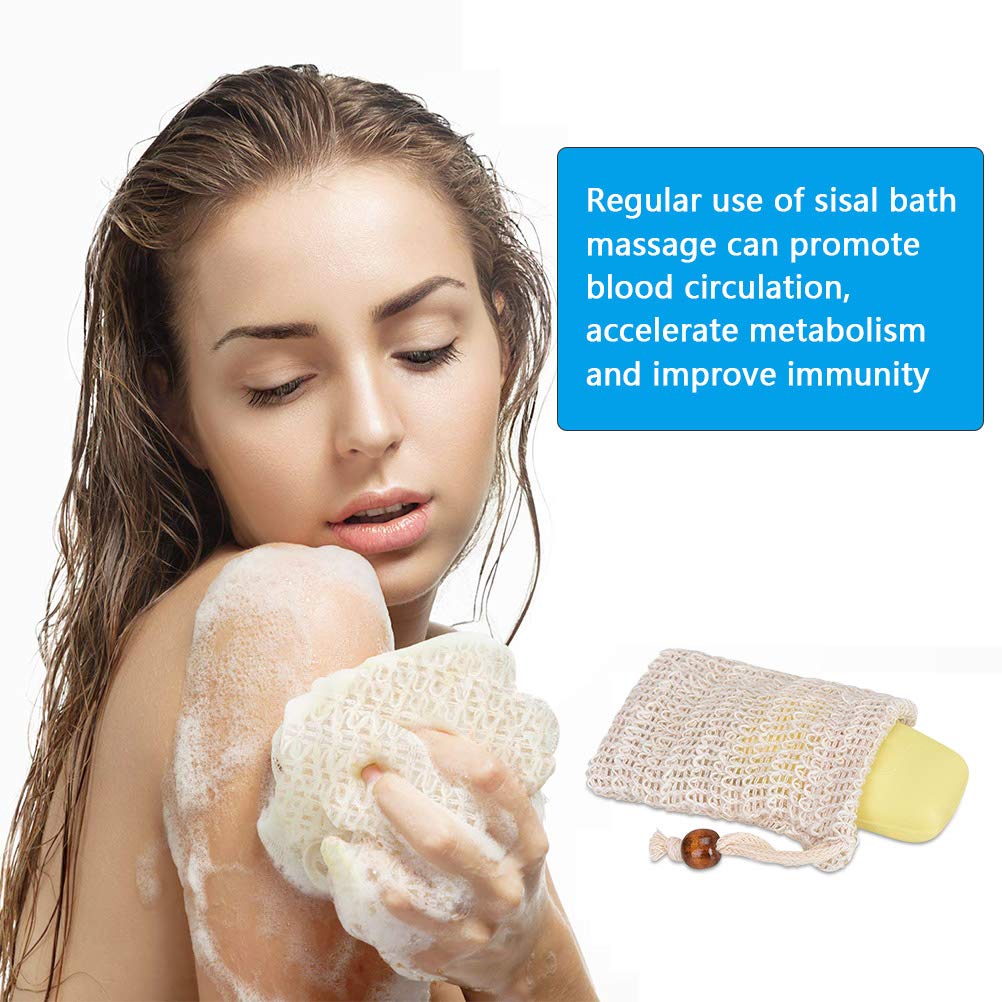 BUYGOO Paquete de 20 bolsas exfoliantes de jabón, bolsa de jabón de malla de sisal hecha a mano con cordón para uso en baño y ducha