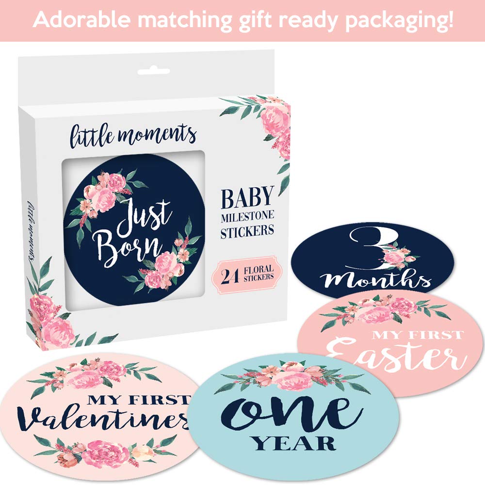 Pegatinas mensuales para bebé, juego de 24 unidades, calcomanías florales para bebé niña, perfectas para niñas recién nacidas, hitos de mes a mes, diseño floral rosa, azul marino y verde azulado